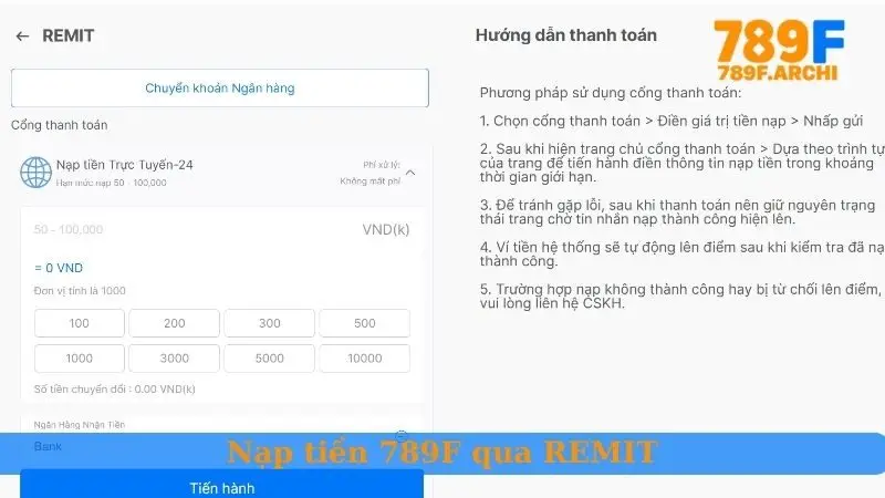 Nạp tiền 789F qua REMIT